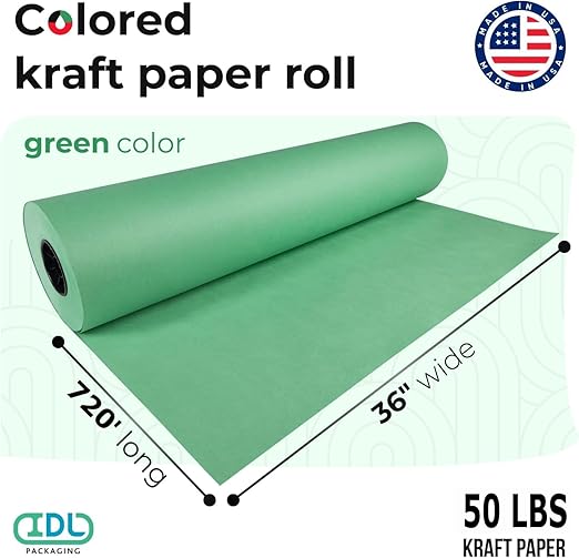Christmas Green Kraft Paper Roll 36" x 8640" (720 ft) - Quality USA-Made Large Paper Roll 50lb Thickness for Packing, Moving, Shipping & Crafts/Art - Natural Wrapping Material by IDL Packaging