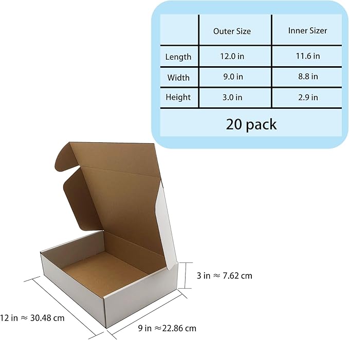 12x9x3 inch Shipping Boxes, White Corrugated Cardboard Box Literature Mailing Shipping Packaging Recyclable Storage Boxes and Craft Gifts Giving Products Business White Box Set of 20 (12''x9''x3'')