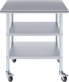 AmGood Stainless Steel Work Table with 2 Shelves and Casters | Metal Utility Table On Wheels (Stainless Steel Work Table with 2 Shelves + Casters, 36" Long x 24" Deep)