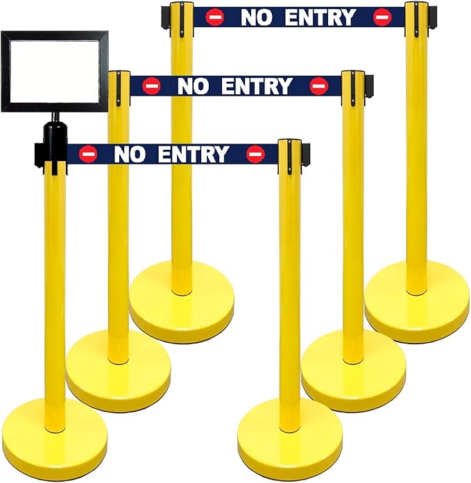 Retractable Stanchion, 6 SPECIALTY Posts + Signframe, 36" Ht, 78" Special Event & Holiday Theme Belt + Bonus Replacement Cassettes + Wall Receiver (YEL Post/No Entry Belt)