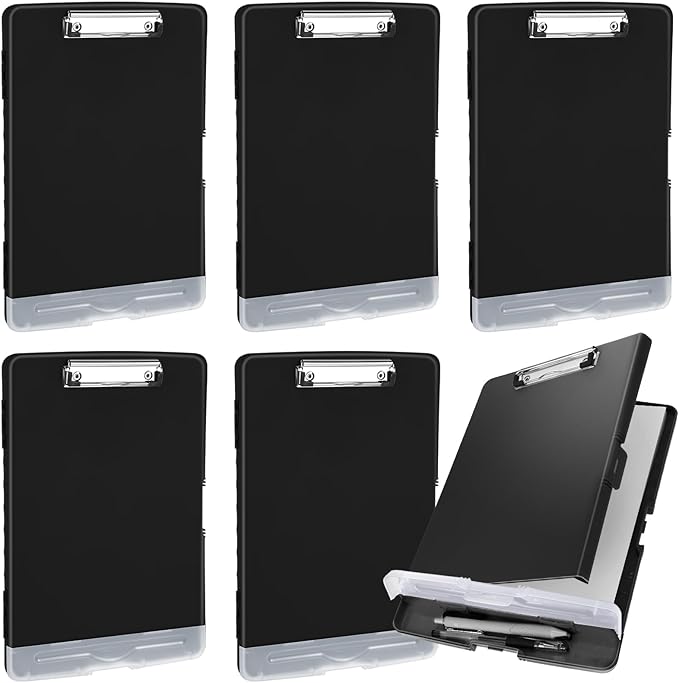 Crtiin 6 Pcs Plastic Clipboard with Storage Colored A4 Nursing Holder Heavy Duty Waterproof Storage Clipboard Folder for Office School Nurses Teacher Essentials (Black Color)