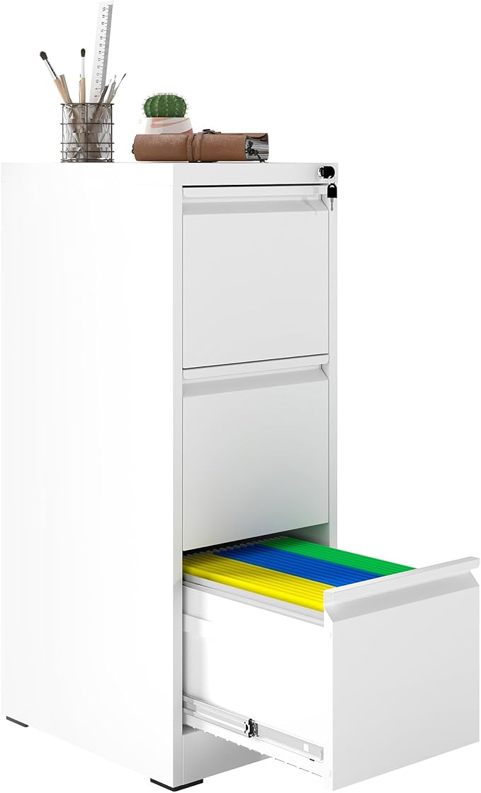 3 Drawer File Cabinet with Lock, Vertical Filing Cabinets for Home Office, Metal Storage Cabinets, Heavy Duty File Cabinet for Letter/Legal/A4/F4 Size Amssebly Required, White
