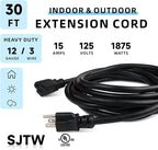 EP 30 Ft Outdoor Extension Cord - 12/3 SJTW Heavy Duty Black Extension Cable with 3 Prong Grounded Plug - Power Cord for Lawn, Garden, Appliances