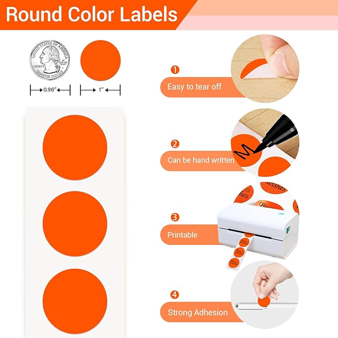 1 Inch Circle Dot Stickers 1000 PCS Color Coding Thermal Labels Dots Writable Printable Small Round Stickers for Office, Classroom, Inventory, Garage, Organizing Storage, Fluorescent Orange