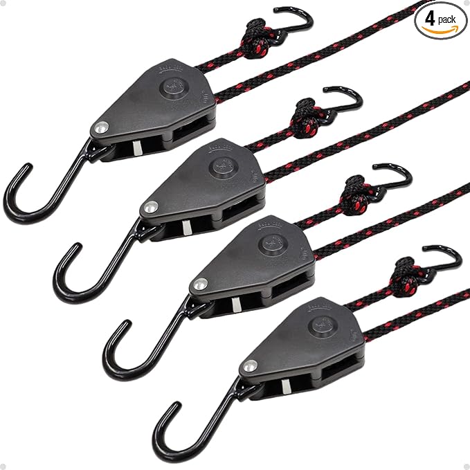 Fondwell 3/8" Tie Downs Ratchet Straps: 4 Pack of Heavy Duty Adjustable Rope Hangers for Various Hanging and Strapping