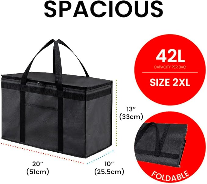 NZ home XXL Insulated Cooler Bag and Food Warmer for Delivery & Grocery Shopping with Zippered Top, Gray (1 Pack)