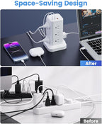 Power Strip Tower with Surge Protector 1800J, Fast Charging Tower PD20W USB-C Ports with 12 AC Outlets, 9.8ft Extension Cord for Home Office Dorm Room, White