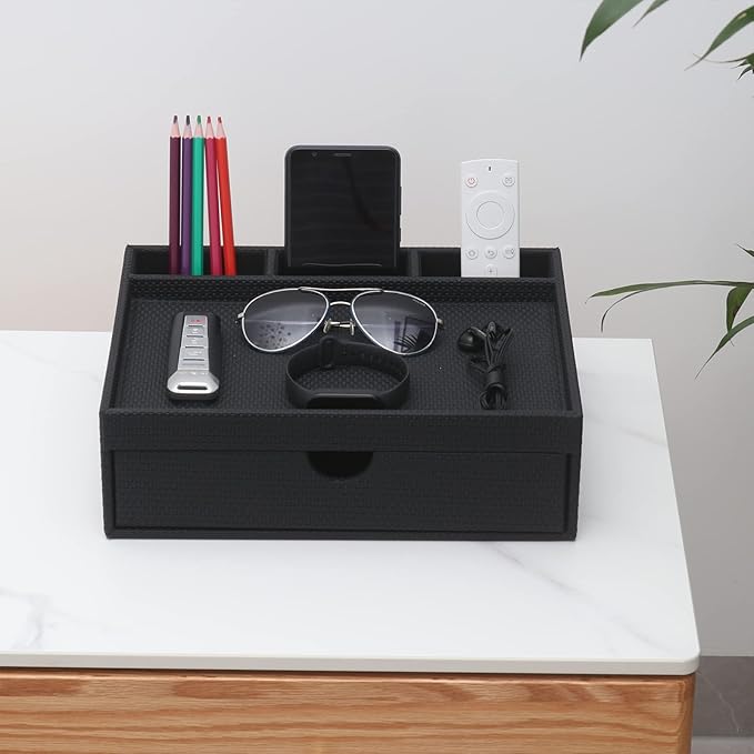 Leather Desk Organizer With Drawers, Home Cosmetics Organizer, Phone Remote Organizer, Drawer Plus Divider & Tray (black)