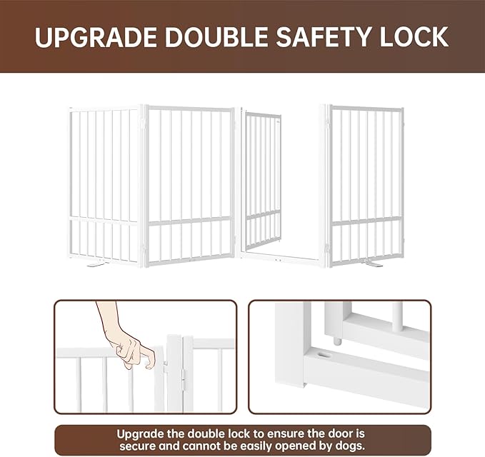 4 Panels Full Metal Freestanding Dog Gates with Door, 80” W x 32” H Folding Pet Gate Fence with Support Feet for Indoor,Stairs, Hallways and Doorways(White)