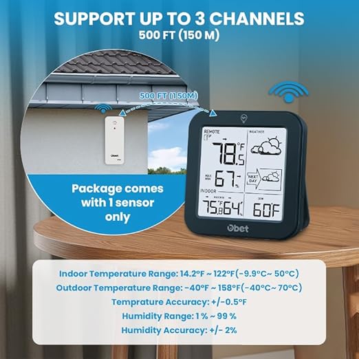 Indoor Outdoor Thermometer Wireless Weather Station, Battery Powered Inside Outside Thermometers Remote Temperature Humidity Monitor with Backlight and Dew-point for Office Bedroom Greenhouse (500 Ft)