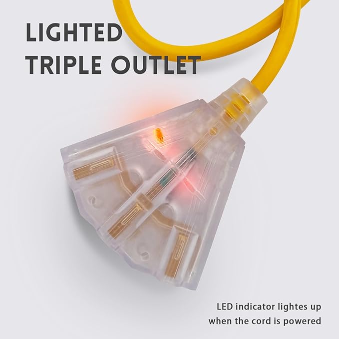 EP 6 Ft Lighted Outdoor Extension Cord with 3 Electrical Power Outlets - 14/3 SJTW Heavy Duty Yellow Extension Cable with 3 Prong Grounded Plug - Power Cord for Lawn, Garden, Appliances