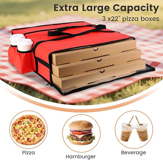 Insulated Pizza Delivery Bag with 4 Cup Holders, 24" x 6" Pizza Warmer Bag for Hot Pizza/Drinks, Pizza Carrier for Events, Large Food Delivery Carrier for Transport/Shopping/Catering, Red