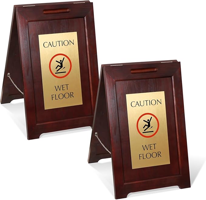 SmartSign (2-Pack) Premium "Caution Wet Floor" Wooden A-Frame Standing Floor Sign with Symbol, 2-Sided, 24" x 15", Hardwood Pine Frame, 120 mil Brass ACM Sign Face, Black on Gold, Made in USA