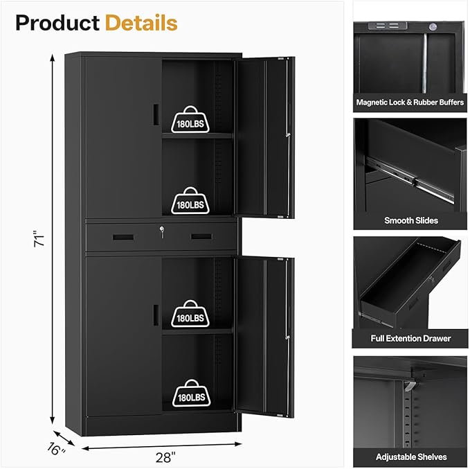 Metal Storage Cabinets with 1Drawer, 71" Storage Cabinet with 4 Locking Doors and 2 Adjustable Shelves, Steel Storage File Cabinet for Pantry Home, Kitchen, Office, Garage (Black)