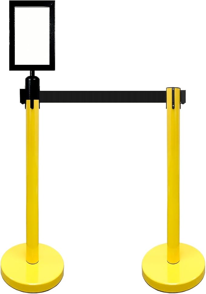 Retractable Stanchion, 6 SPECIALTY Posts + Signframe, 36" Ht, 78" Special Event & Holiday Theme Belt + Bonus Replacement Cassettes + Wall Receiver (YEL Post/Black Belt)