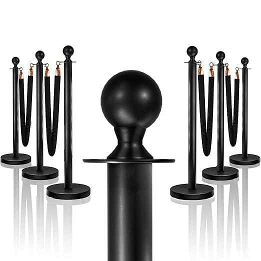 6PCS Black Stanchions Posts with 4PCS 5 ft Black Velvet Rope, Black Velvet Rope Stanchion Set Crowd Control Barriers, Stanchions and Velvet Ropes Red Carpet Poles for Party Supplies