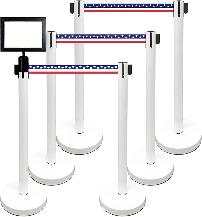 Retractable Stanchion, 6 SPECIALTY Posts + Signframe, 36" Ht, 78" Special Event & Holiday Theme Belt + Bonus Replacement Cassettes + Wall Receiver (WHT Post/July 4th Flag Belt)