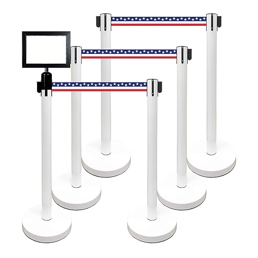 VIP Crowd Control Retractable Belt Stanchion Queue Safety Barrier Set, 36" Ht, 78" Belt + Wall Bracket (6 WHT Posts Patriot Belt + SFrame + WBracket)