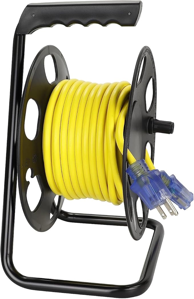 Clear Power 50ft 14/3 SJTW Yellow Outdoor Extension Cord & Heavy Duty Cord Storage Reel with Metal Stand, 3 Prong Grounded Plug, Lighted-Locking Connector, DCCO-9005-DC
