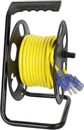 Clear Power 50ft 14/3 SJTW Yellow Outdoor Extension Cord & Heavy Duty Cord Storage Reel with Metal Stand, 3 Prong Grounded Plug, Lighted-Locking Connector, DCCO-9005-DC