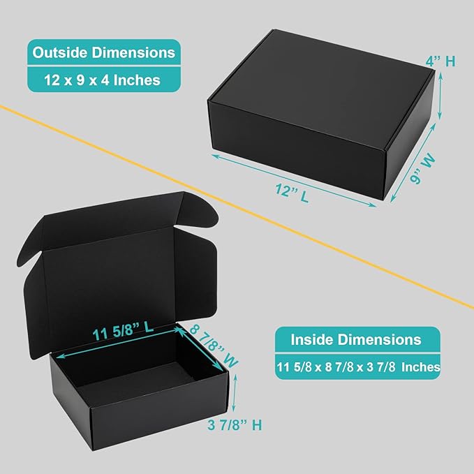 Mcfleet 12x9x4" Black Shipping Boxes - 24 Pack Corrugated Cardboard Mailing Box Packaging for Small Business - Tab Locking Literature Mailer Flat Empty Gift Packing Supplies