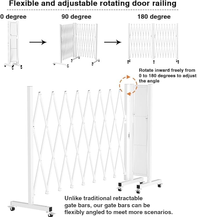Expandable Driveway Gate for Outdoor Fence, 207" Wide Portable Expandable Barricade Gate with Casters, Accordion Fence for Dogs Outside with Gate, Outdoor Metal Fence Gate for Yard Adjustable, White