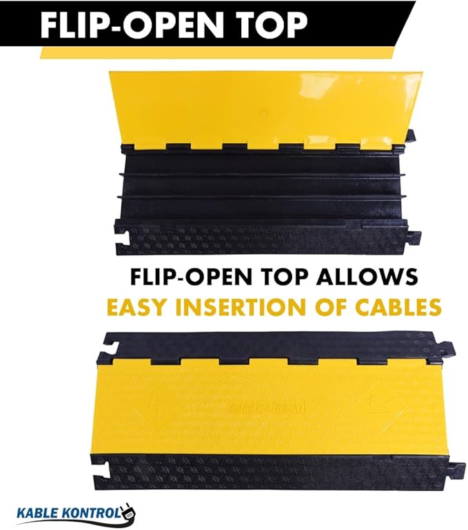 Kable Kontrol Atlas Cable Protector Wire Ramp - 3 Channel - 1 Pc - 35” Long Black & Yellow - 24000 Lbs Load Capacity - Rubber Speed Bump Wire Protector Cord Cover - CP9973