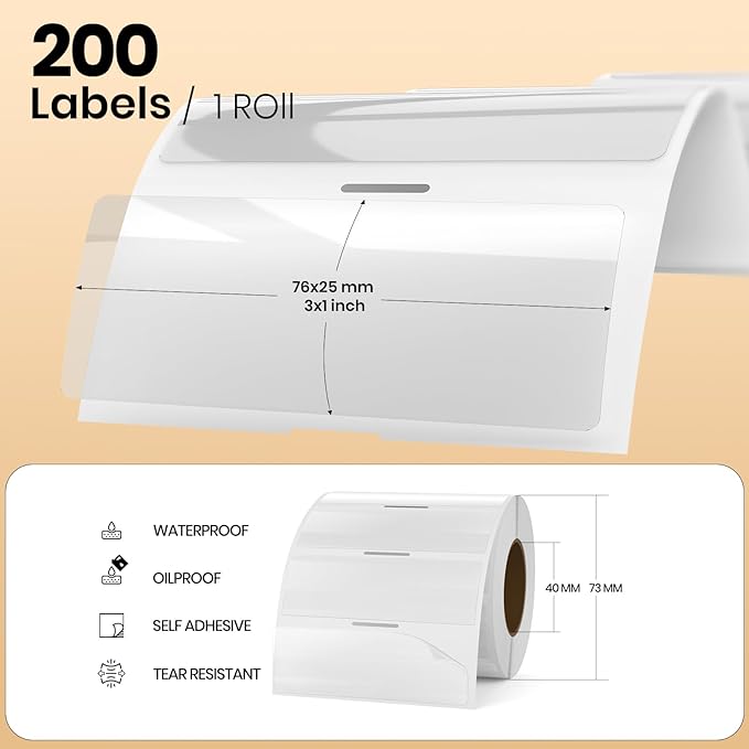 Clear Thermal Labels Vinyl 1 × 3 Inch Self-Adhesive Square Stickers Roll Waterproof Printer Direct Decals Package Seal for QR Code Envelope Office Retail Home 300 PCS