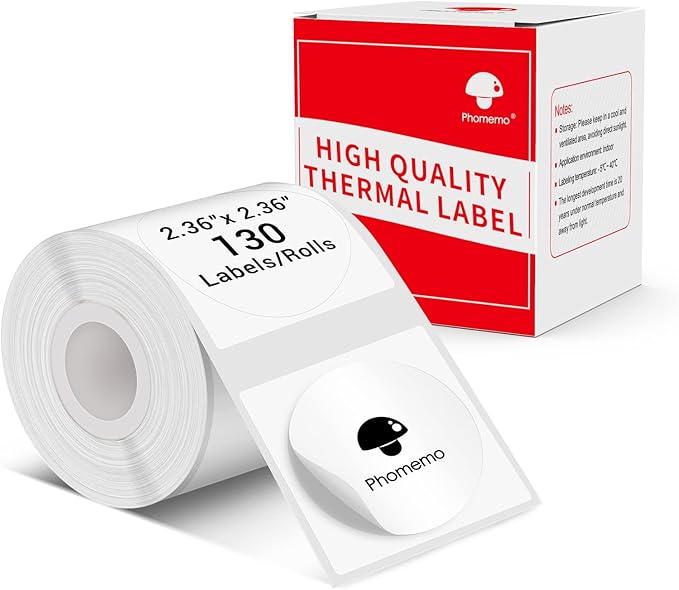 Phomemo Sticker Circle Labels- 2.36"x 2.36"(60x60mm) Thermal Label for M221/M220/M200, for Barcode/Address/Mailing/Logo/Business/Home Tag, Black on White