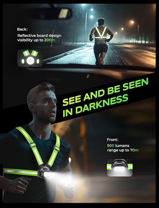 500LM High-Visibility Running Lights for Runners, Adjustable 45° Beam & 360° Reflective Vest, IPX4 Waterproof Running Vest Light for Night Walking/Cycling/Jogging, 3.5-20Hrs Runtime