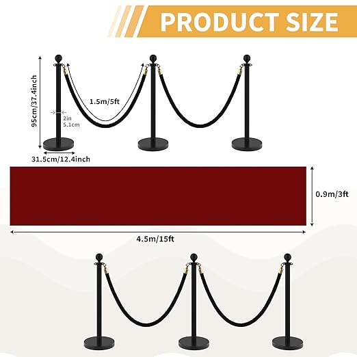 8Pcs Stanchions and Velvet Ropes, Black Stanchions with Retractable Belts, Crowd Control Barriers with Hollow Base, Red Carpet Ropes and Posts for Event & Party Supplies