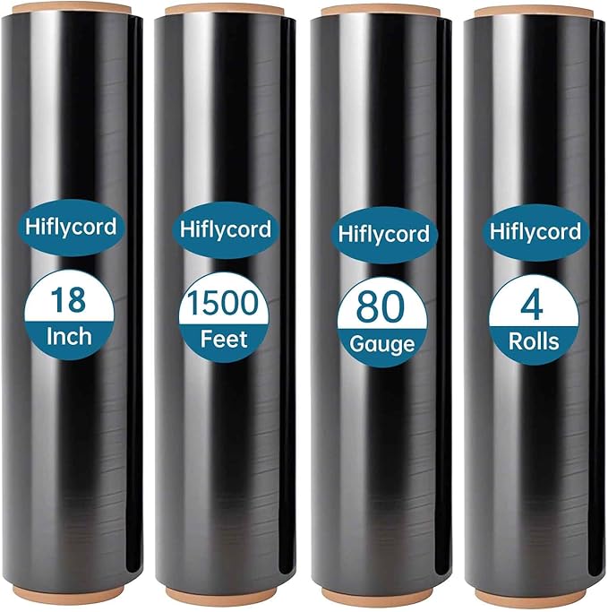 Black Plastic Shrink Wrap Roll, 18 Inch 1500 Feet Stretch Film, 80 Gauge, 800% Stretch Industrial Strength Moving Wrap, Heavy Duty Pallet & Furniture Protection(4 Pack)