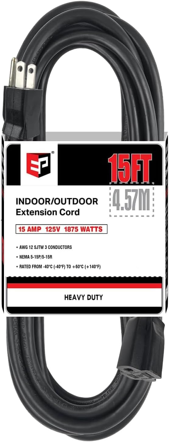 EP 15 Ft Outdoor Extension Cord - 12/3 SJTW Heavy Duty Black Extension Cable with 3 Prong Grounded Plug - Power Cord for Lawn, Garden, Appliances