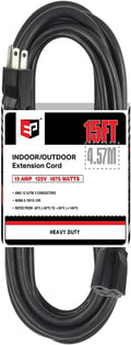 EP 15 Ft Outdoor Extension Cord - 12/3 SJTW Heavy Duty Black Extension Cable with 3 Prong Grounded Plug - Power Cord for Lawn, Garden, Appliances