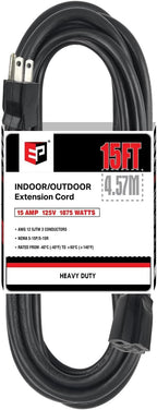 EP 15 Ft Outdoor Extension Cord - 12/3 SJTW Heavy Duty Black Extension Cable with 3 Prong Grounded Plug - Power Cord for Lawn, Garden, Appliances
