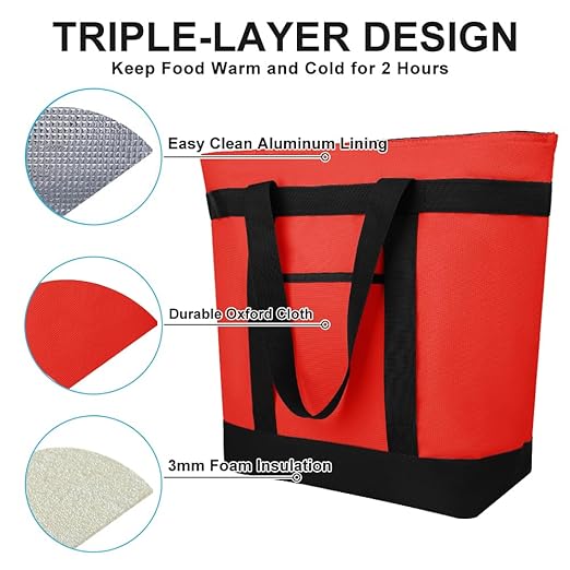 2Pk Insulated Reusable Tote Bag for Grocery Shopping for Women, Pizza/Food Delivery Bag to Keep Food Cold/Hot for Professional Catering, Cooler bags for Travel/Beach/Picnic, Red