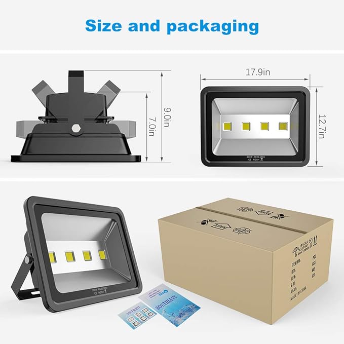200W LED Flood Lights 6000K Daylight White Lighting Fixtures Super Bright 20000lm Outdoor Security Lights IP66 Waterproof 110-285V Commercial Industrial Lighting Fixtures