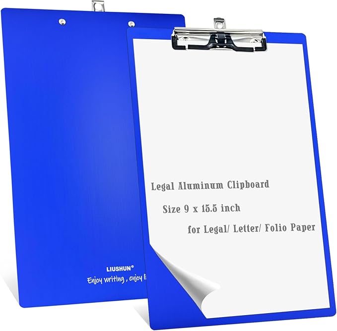 Legal Aluminum Clipboard Metal w/Stainless Hangable Pen Holder Writing Low Profile Large Clip Board 9" x 15.5" Message Tabletop for Lawers Office Business Workshop Factory Supplies (Blue, Legal)