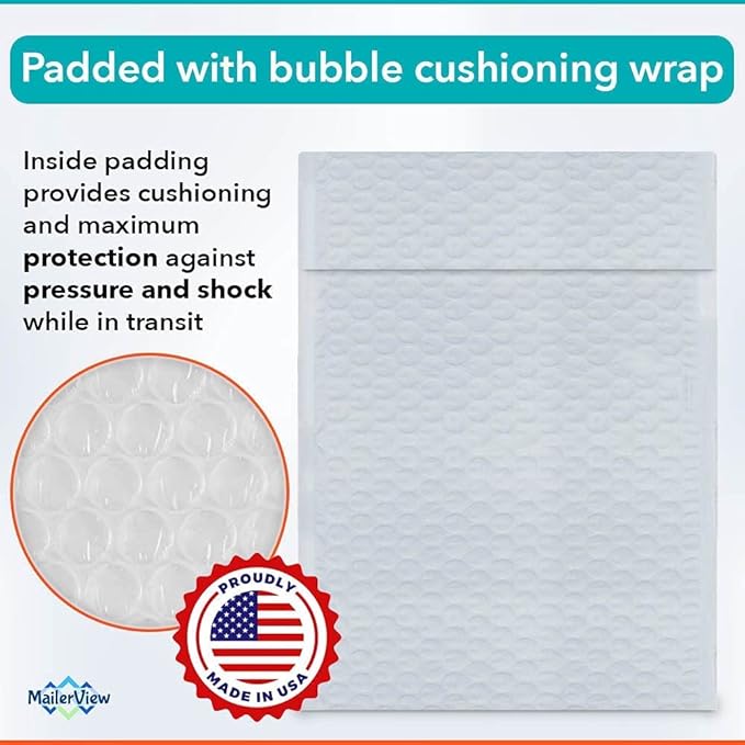 White Poly Bubble Mailers 7.25x12 inch #1 | Self Seal Padded Envelopes | Cushioned Bubble Mailer | Usable Size 7.25x11 | WaterProof | Lightweight mailing Shipping Bags | 100 Pack Bulk | Made in USA