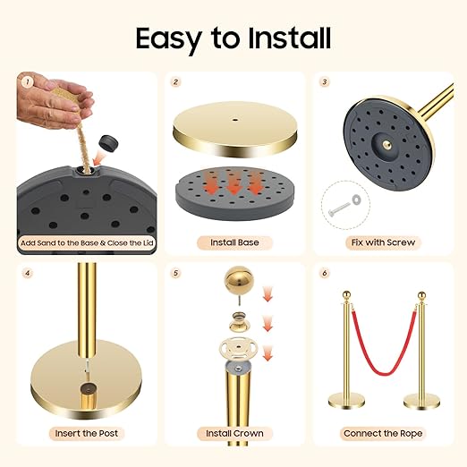 6-Piece Gold Stanchion Posts, Stanchions with Red Velvet Ropes Set & Ball Head with 4 Universal Holes, Stainless Steel Gold Stanchions for Party, Museums, Wedding, Easy Connect Assembly