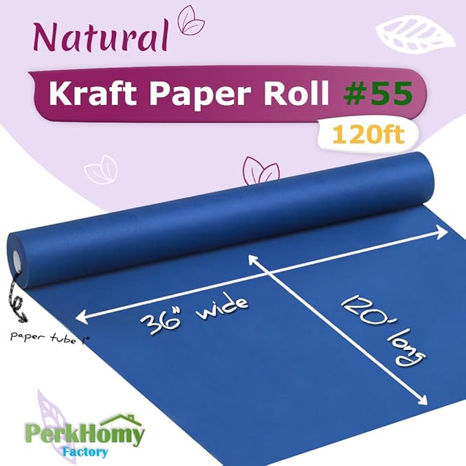 PerkHomy 36" x 1,440" (120') Blue Kraft Paper Roll for Craft Bulletin Board Paper Art Table Covering Crafting Gift Wrapping Bouquet Packing Parcel 80GSM 55LB (Blue, 36" x 120')
