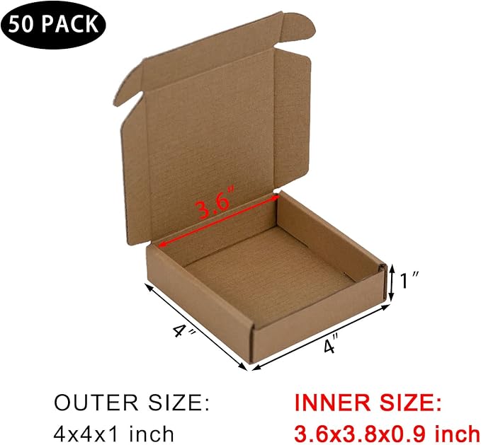 50 Pack 4x4x1 Inches Small Shipping Boxes, Brown Corrugated Cardboard Boxes, Moving Mailing Packing Box
