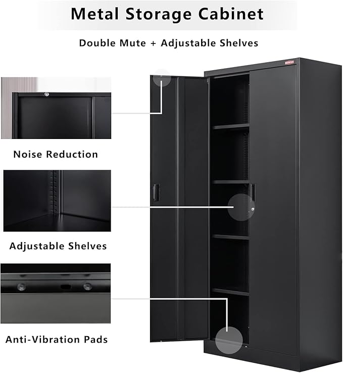 BESFUR Metal Storage Cabinet, 72" H x 36" W x 18" D Garage Storage Cabinet, Adjustable Shelves and Locking Doors for Office, School, Garage - Black