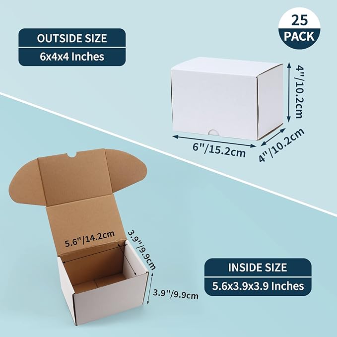 WIFTREY 6x4x4 Shipping Boxes 25 Pack for Small Business, White Small Corrugated Cardboard Boxes for Mailing, Packing, Shipping