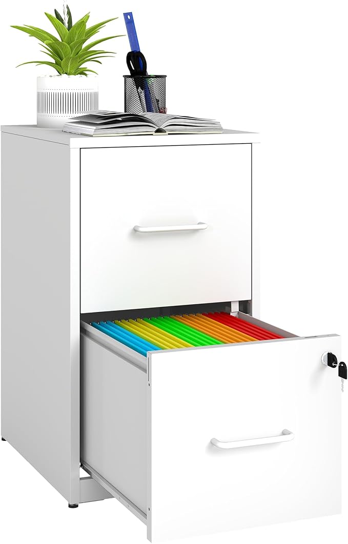 2 Drawer File Cabinet with Lock, Vertical Filing Cabinets for Home Office, Metal Storage Cabinet, Heavy Duty File Cabinet for Under Desk, Amssebly Required, White