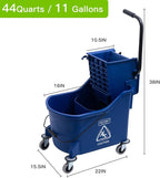Matthew Cleaning Blue 44Quart Commercial Mop Bucket INCL.Wet String Mop& 19'' Industrial Wet Floor Sign with Side Press Wringer On Wheels,Tandem Portable Floor Cleaning Wavebrake,Ideal for Household