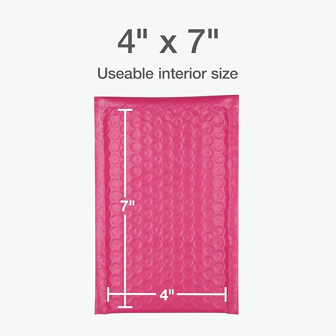 Quality Park Bubble Mailers, 4 x 8 Shipping Envelopes, Self-Seal, Small Pink Padded Envelopes, Redi-Strip Peel Off Closure, 50 Per Box (QUA85917)