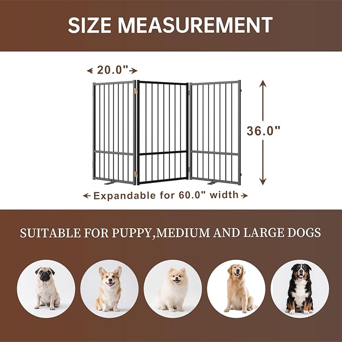 3 Panels Full Metal Freestanding Dog Gates, 60” W x 36” H Folding Pet Gate Fence with Support Feet for Indoor,Stairs, Hallways and Doorways(Black)