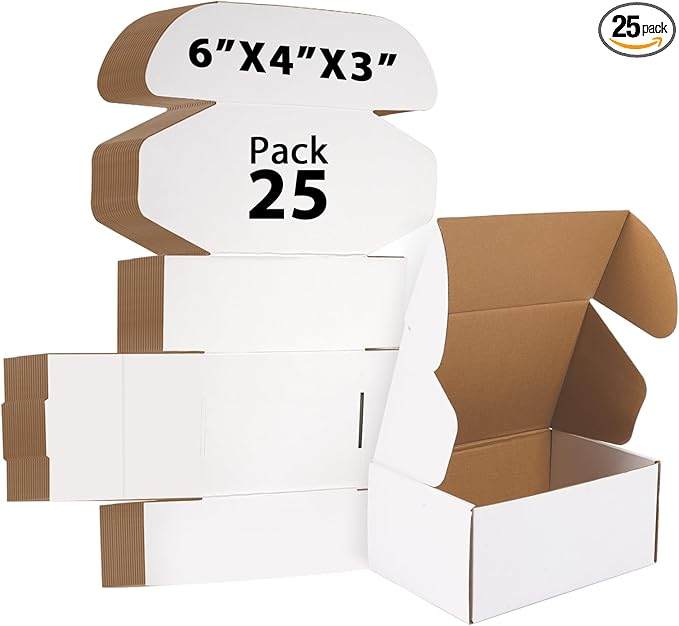 6x4x3 inches Shipping Boxes Set of 25, Small Corrugated Cardboard Box, Literature Mailer, Gift Boxes (White, 6x4x3)