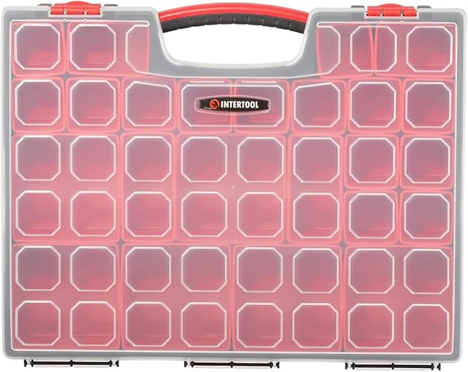 INTERTOOL Hardware Organizer with 24 Removable Bins - Small Parts Storage Tool Box for Nuts, Bolts, Screws, Nails - Portable Handle Transparent Lid with Locks BX08-4033